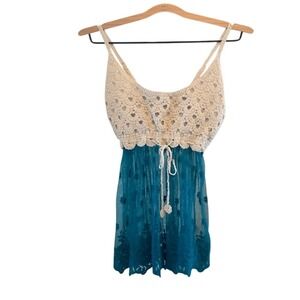 Crochet Lace Sheer Floral Drawstring Tank Top Teal Cream‎ Bohemian Fairycore LG